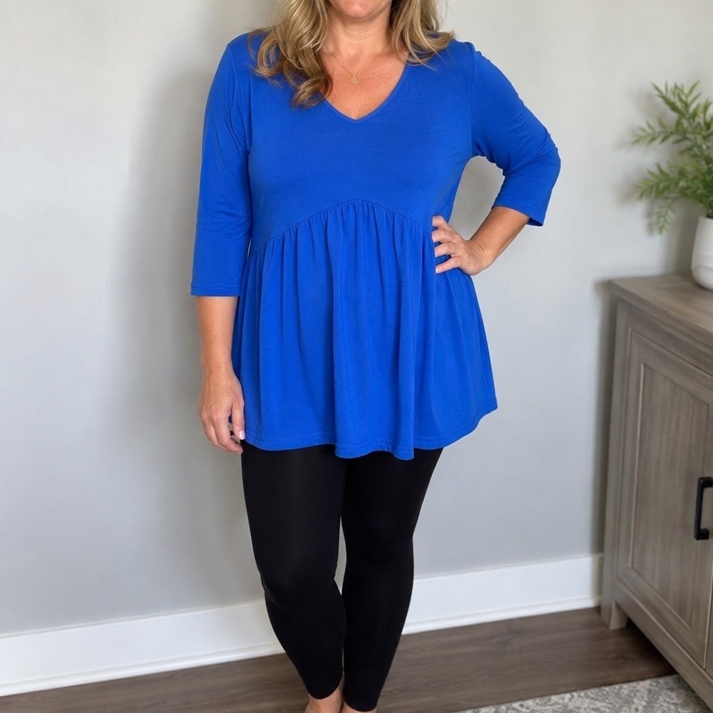 Ofeefan Royal Blue V-Neck Babydoll Tunic Top 3/4 Sleeve XL NWT